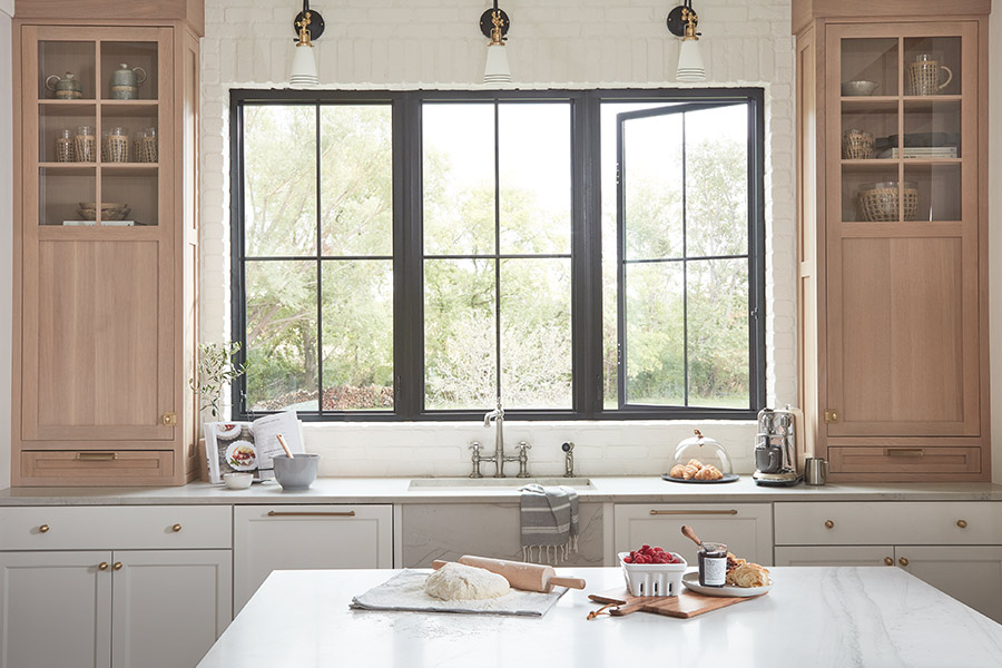 Back Pella Impervia Casement windows in white kitchen